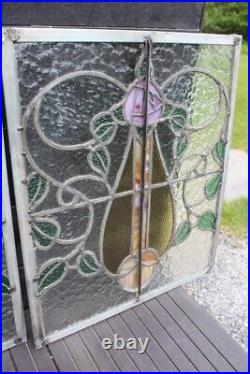 Set Of 3 Leaded Glass Window Great Glass Colors Flowers Art Nouveau 19 x 22
