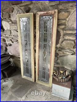 Set of (2) ANTIQUE TALL LEADED SIDELIGHT WINDOWS, 1920s Beveled Etched Center