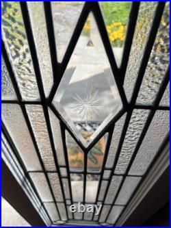 Set of (2) ANTIQUE TALL LEADED SIDELIGHT WINDOWS, 1920s Beveled Etched Center