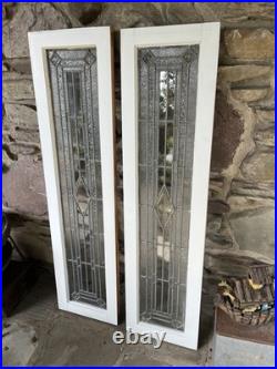Set of (2) ANTIQUE TALL LEADED SIDELIGHT WINDOWS, 1920s Beveled Etched Center