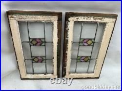 Small Antique 1920s Stained Leaded Glass Transom Windows 21 by 13