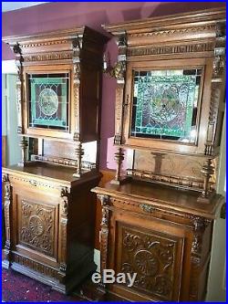 Spectacular Pair of Antique French Breton Leaded Glass Oak Cabinets ca. 1920's