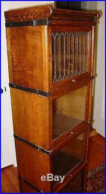 Stacked barrister bookcase rare half size quartered oak leaded glass-15505