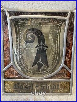Stained Glass Basel Switzerland Panel with Coat of Arms With Hanging Chain Stained Glass Basel Switzerland Panel with Coat of Arms With Hanging Chain