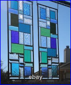 Stained Glass GEOMETRIC window pair -26 1/2 X 10 5/8 beveled