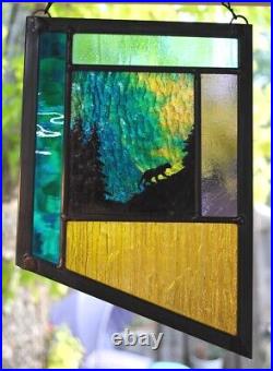 Stained Glass Window Panel Cougar trees mountain