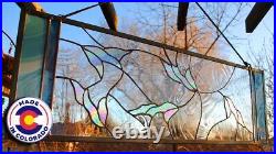 Stained Glass Window Panel Falling leaves clear blue iridized Large