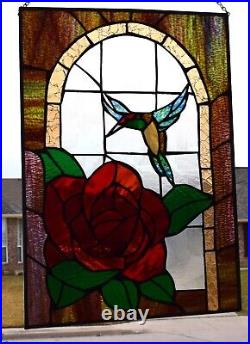 Stained Glass Window Panel Hummer and Rose