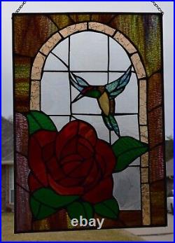 Stained Glass Window Panel Hummer and Rose