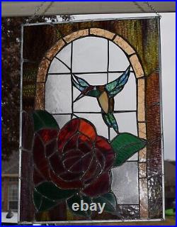 Stained Glass Window Panel Hummer and Rose