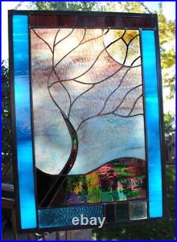 Stained Glass Window Panel windy tree purple gold turquoise