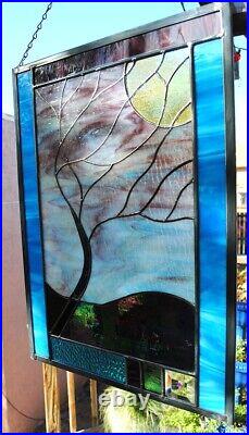 Stained Glass Window Panel windy tree purple gold turquoise