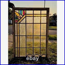 Stained Glass Window Reclaimed Salvaged Art Deco Design Vintage MCM 27x39