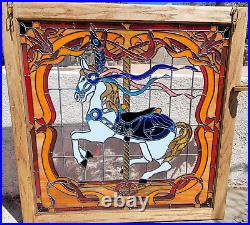 Stained Leaded Glass Window Solid Oak Frame Carousel Horse 41x41 1981