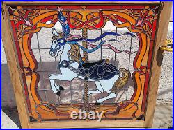 Stained Leaded Glass Window Solid Oak Frame Carousel Horse 41x41 1981