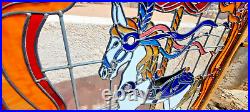 Stained Leaded Glass Window Solid Oak Frame Carousel Horse 41x41 1981