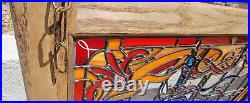 Stained Leaded Glass Window Solid Oak Frame Carousel Horse 41x41 1981