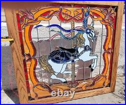 Stained Leaded Glass Window Solid Oak Frame Carousel Horse 41x41 1981