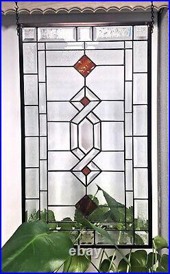 Stained glass/ beveled/clear/ red/hanging windowithpanel/, large 28 5/8x 26 5/8