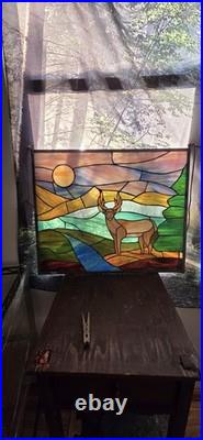 Stained glass panel featuring a buck in a landscape setting, Tiffany Style
