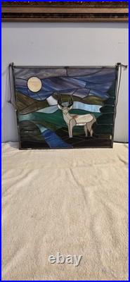Stained glass panel featuring a buck in a landscape setting, Tiffany Style