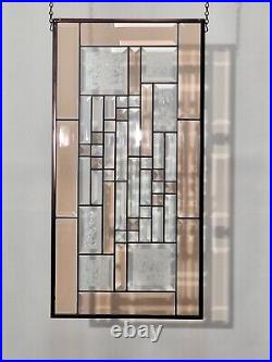 Stained glass panel, window hanging, clear, frosted, brown bevels 24.5x12.5