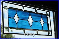 Stained glass window panel, bevels, diamonds, blue waterglass 18.5x8.5, 47x21cm