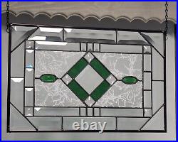 Stained glass, window panel, emerald jewels, fused accents, gems, 17.75x11.5