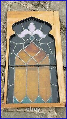 TREMENDOUS GOTHIC STAINED GLASS CHURCH WINDOW, FLEUR DE LIS, 1 JEWEL, LATE 1800s