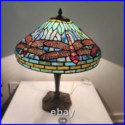 Tiffany School Dragonfly Leaded & Jeweled Glass Table Lamp, 20th Century