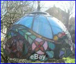 Tiffany Style Leaded Glass Ceiling Shade Blue Marble with Red Roses & Flowers