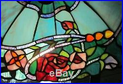 Tiffany Style Leaded Glass Ceiling Shade Blue Marble with Red Roses & Flowers