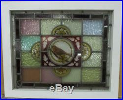 VICTORIAN ENGLISH LEADED STAINED GLASS WINDOW Hand Painted Bird 21.75 x 18
