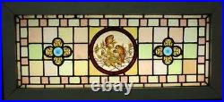 VICTORIAN ENGLISH LEADED STAINED GLASS WINDOW Hand Painted Birds 42.25 x 19