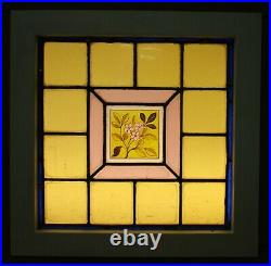 VICTORIAN ENGLISH LEADED STAINED GLASS WINDOW Hand Painted Daisy 17.25 x 17.25