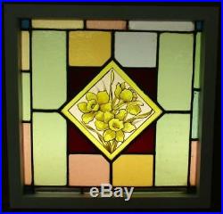 VICTORIAN ENGLISH LEADED STAINED GLASS WINDOW Handpainted Flowers 20.5 x 20.25