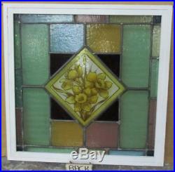 VICTORIAN ENGLISH LEADED STAINED GLASS WINDOW Handpainted Flowers 20.5 x 20.25