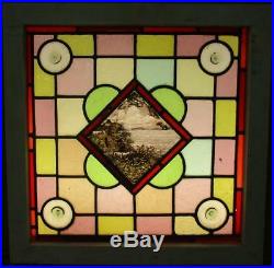 VICTORIAN ENGLISH LEADED STAINED GLASS WINDOW Painted Water Scene 20.25x 20.25