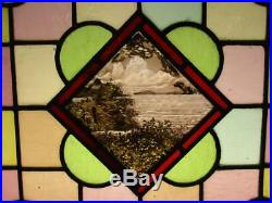 VICTORIAN ENGLISH LEADED STAINED GLASS WINDOW Painted Water Scene 20.25x 20.25