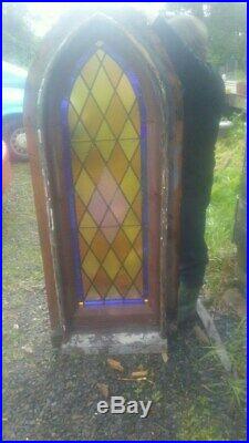 VICTORIAN GOTHIC ANTIQUE LEADED CHURCH STAINED GLASS WINDOW, NICE SIZE, With FRAME