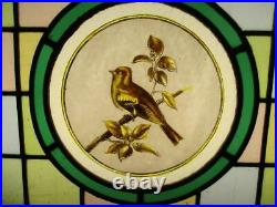 VICTORIAN OLD ENGLISH LEADED STAINED GLASS WINDOW Hand Painted Bird 19 x 14.5