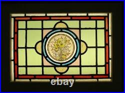 VICTORIAN OLD ENGLISH LEADED STAINED GLASS WINDOW Painted Flowers 22.5 x 16.5