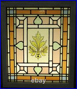 VICTORIAN OLD ENGLISH STAINED GLASS WINDOW Hand Painted Leaves 21.5 x 25.5