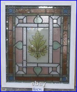VICTORIAN OLD ENGLISH STAINED GLASS WINDOW Hand Painted Leaves 21.5 x 25.5