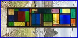 VINTAGE LARGE STAINED LEADED GLASS WINDOW, 63 wide, very colorful 1950s