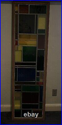 VINTAGE LARGE STAINED LEADED GLASS WINDOW, 63 wide, very colorful 1950s