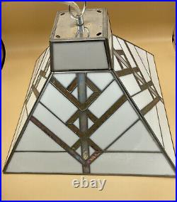 VTG Art Deco Leaded Glass Hanging Light Fixture Geometric Color Inlay Light