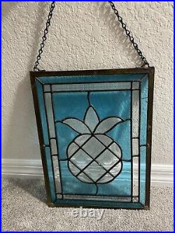 VTG Salvage Stained Glass Window Hanging Pineapple in Aqua Blue 12 X 16