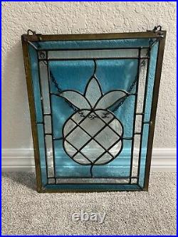 VTG Salvage Stained Glass Window Hanging Pineapple in Aqua Blue 12 X 16
