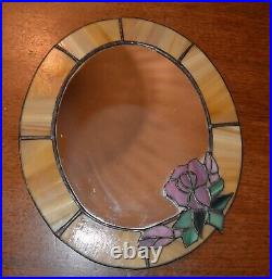 VTG Stained Glass Leaded Glass Oval Wall Mirror Raised Floral